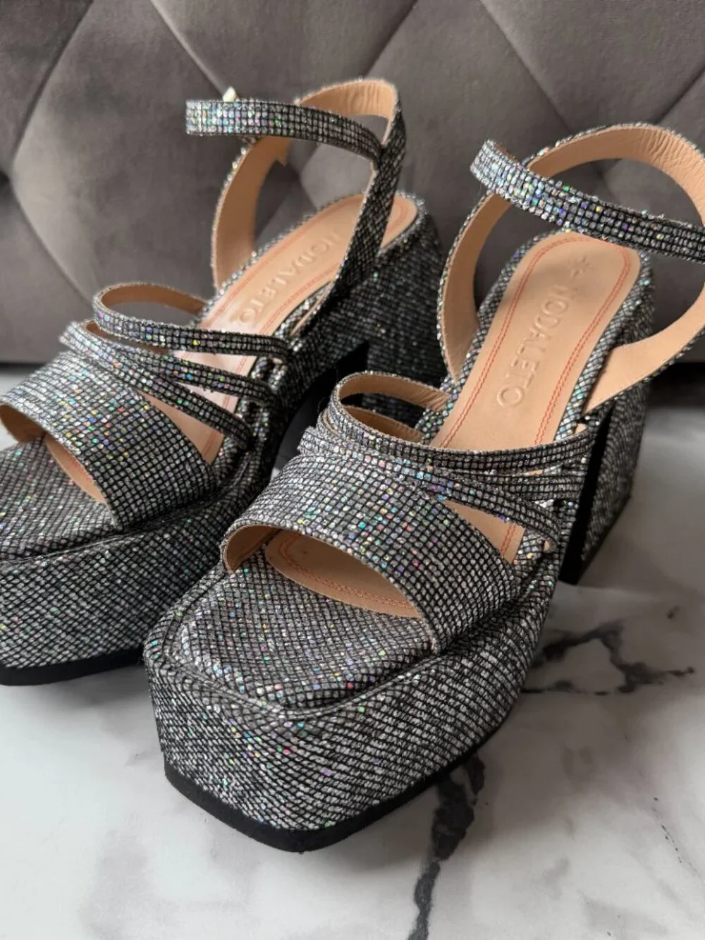 Nodaleto Bulla Chibi Silver Glitter Platform Sandals Size EU 38